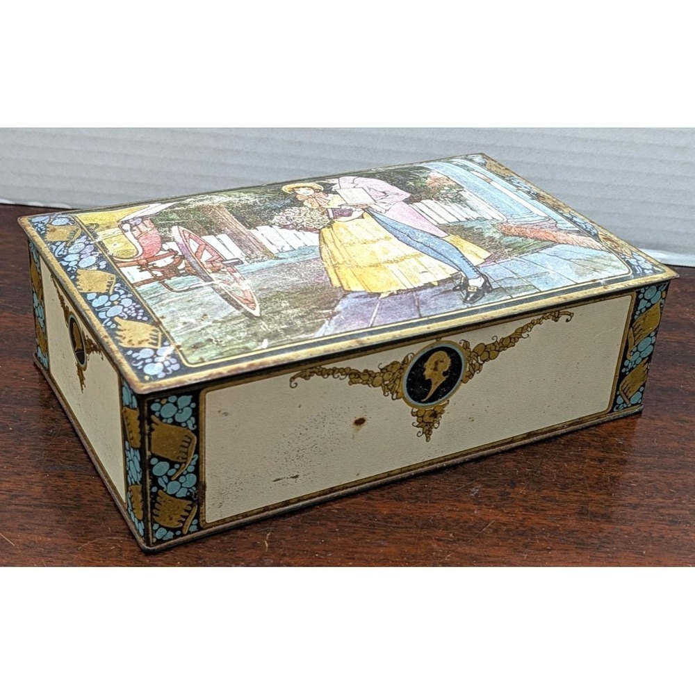 Antique Canco Lithograph Candy Tin Courting Couple Cameo Hinged Box 1920s